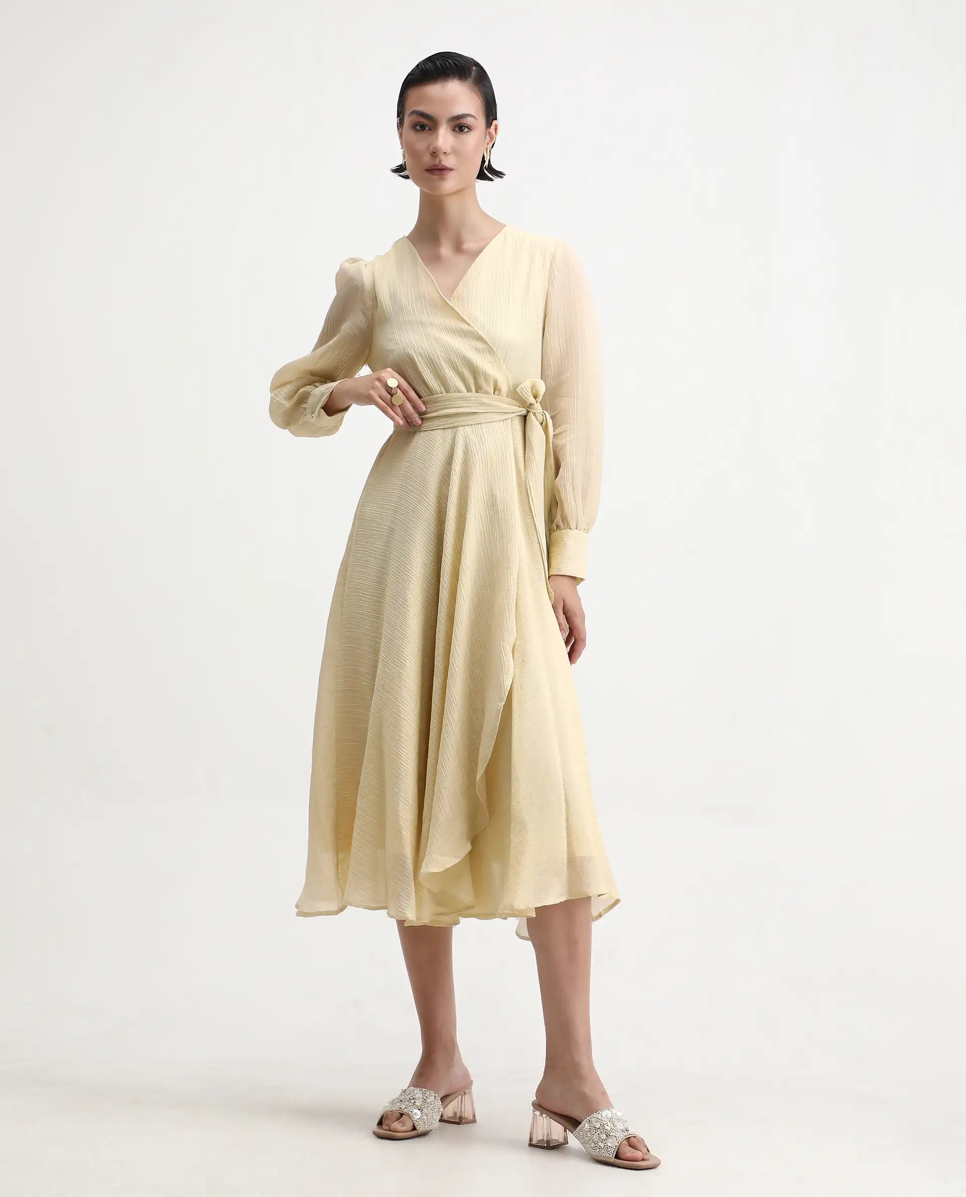 Rareism Women's Avsi Gold Polyester Wrap Neck Fit And Flare Plain Midi Dress