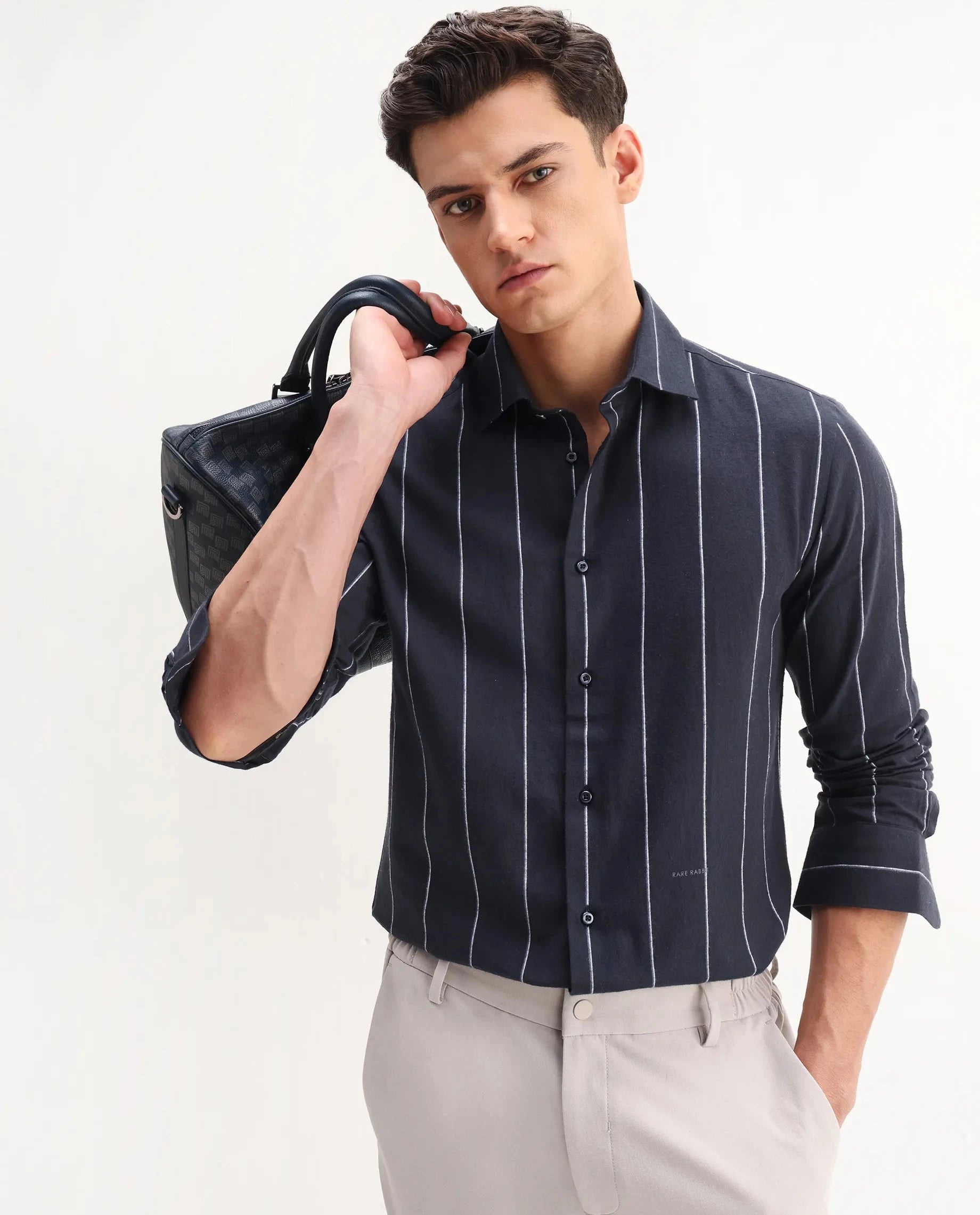 Rare Rabbit Men's Beymen Navy Cotton Striped Print Regular Fit Full Sleeve Collared Shirt
