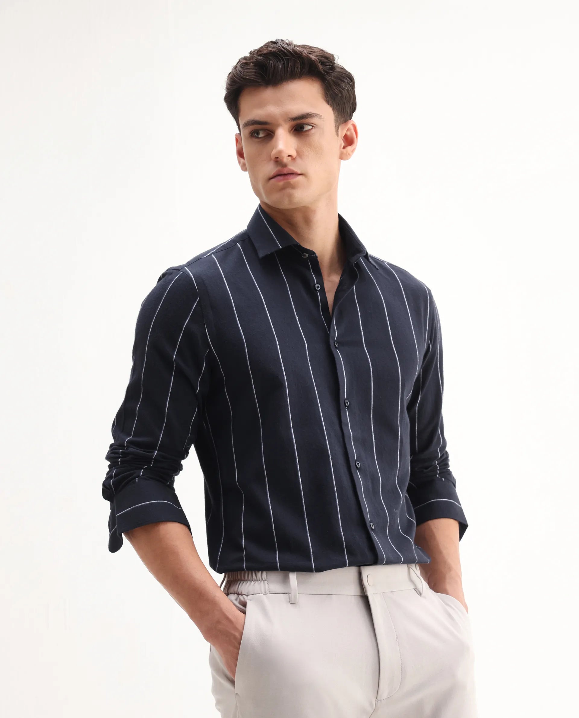 Rare Rabbit Men's Beymen Navy Cotton Striped Print Regular Fit Full Sleeve Collared Shirt - Image 6