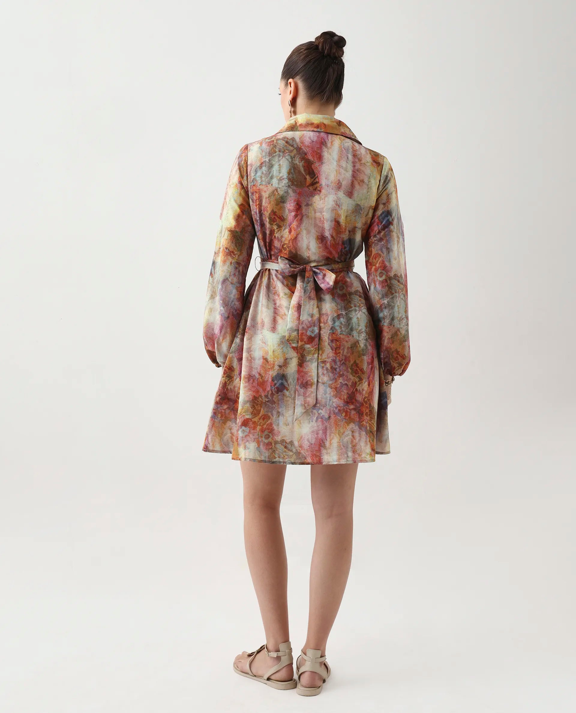 Rareism Women's Elbon Multi Polyester Collared Neck A-Line Printed Dress - Image 7