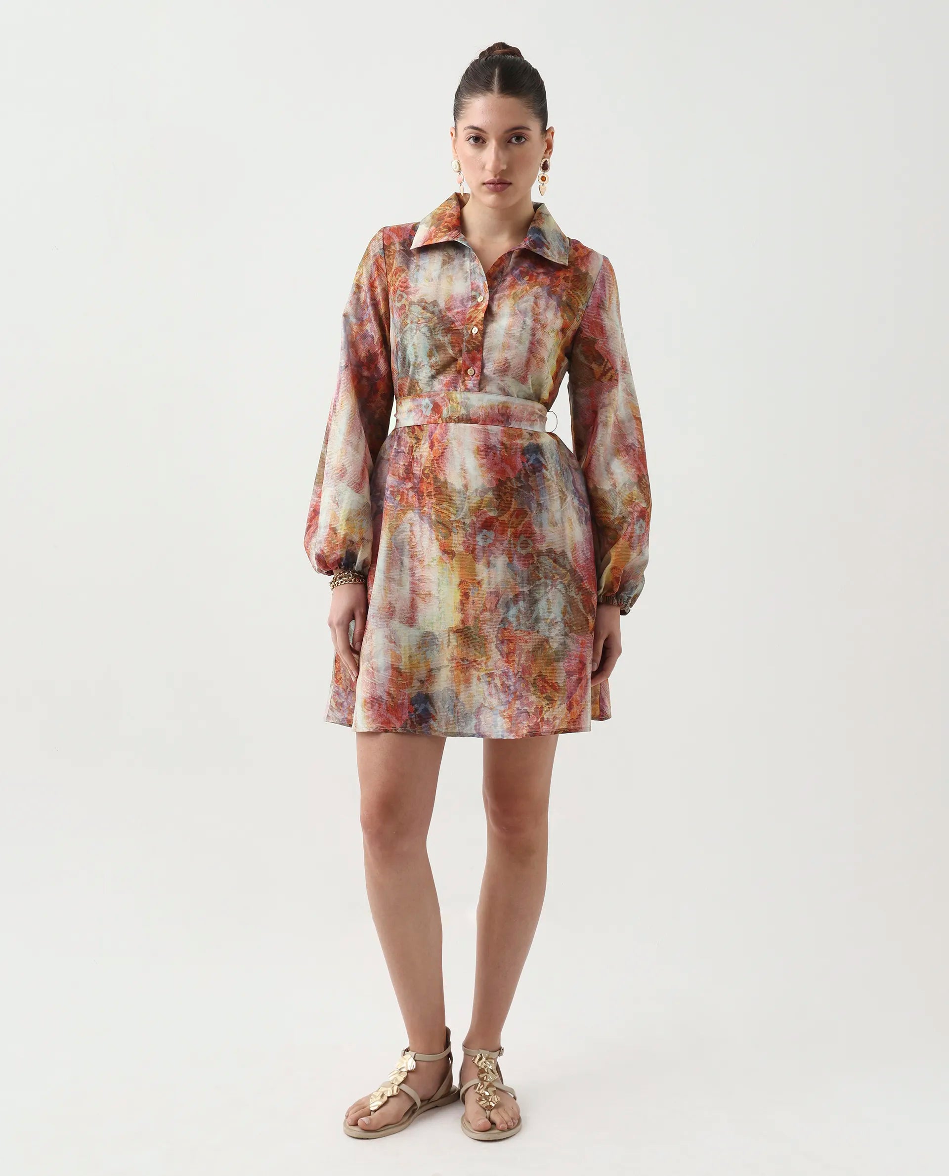 Rareism Women's Elbon Multi Polyester Collared Neck A-Line Printed Dress - Image 2