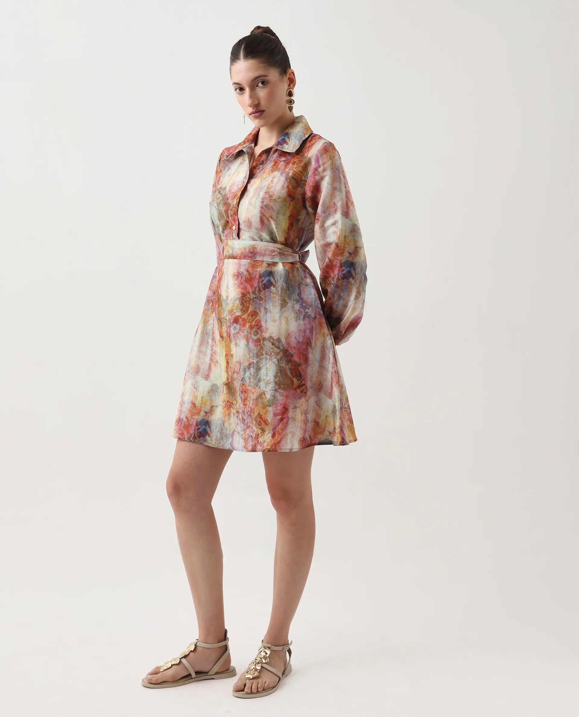 Rareism Women's Elbon Multi Polyester Collared Neck A-Line Printed Dress - Image 5