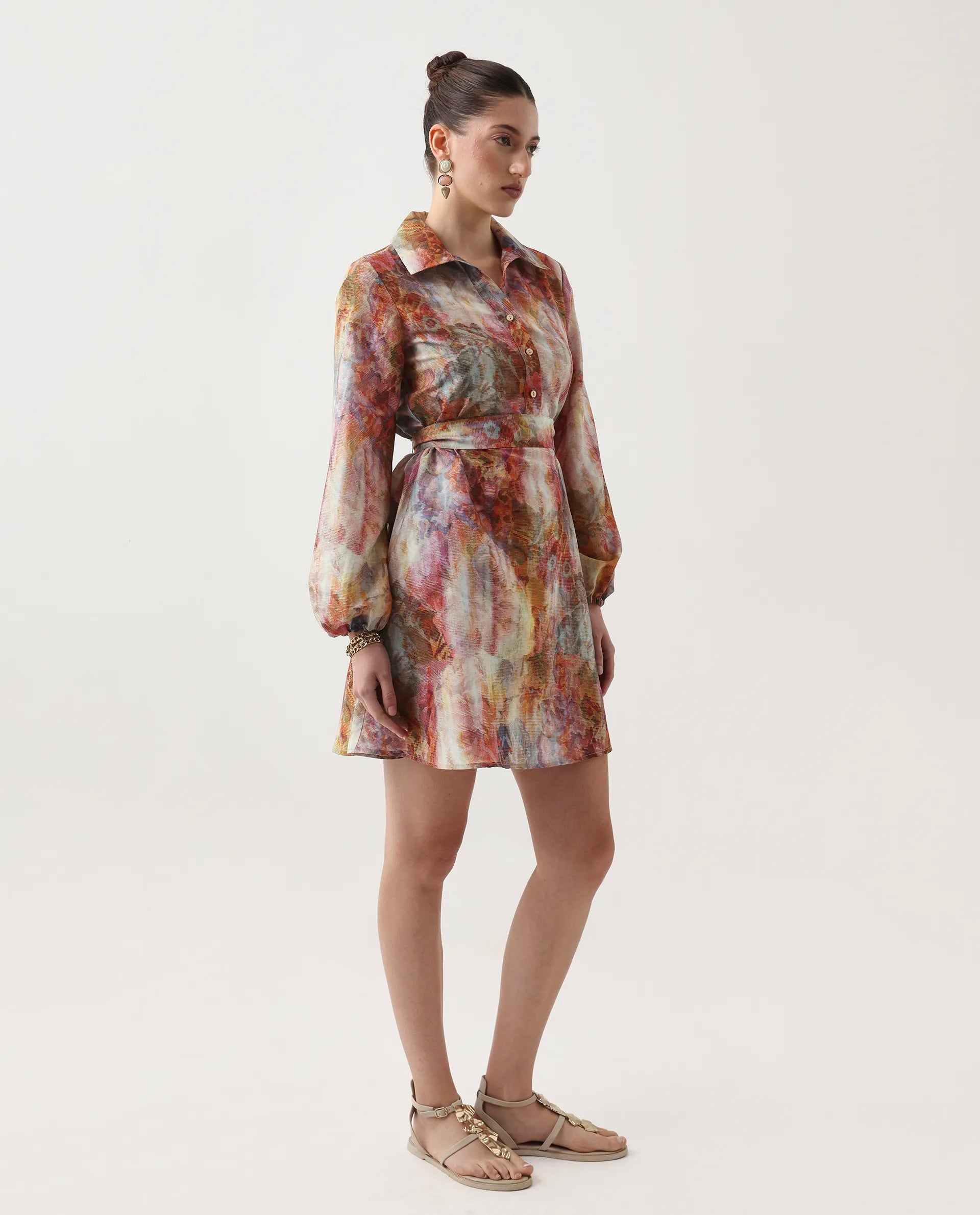 Rareism Women's Elbon Multi Polyester Collared Neck A-Line Printed Dress - Image 6