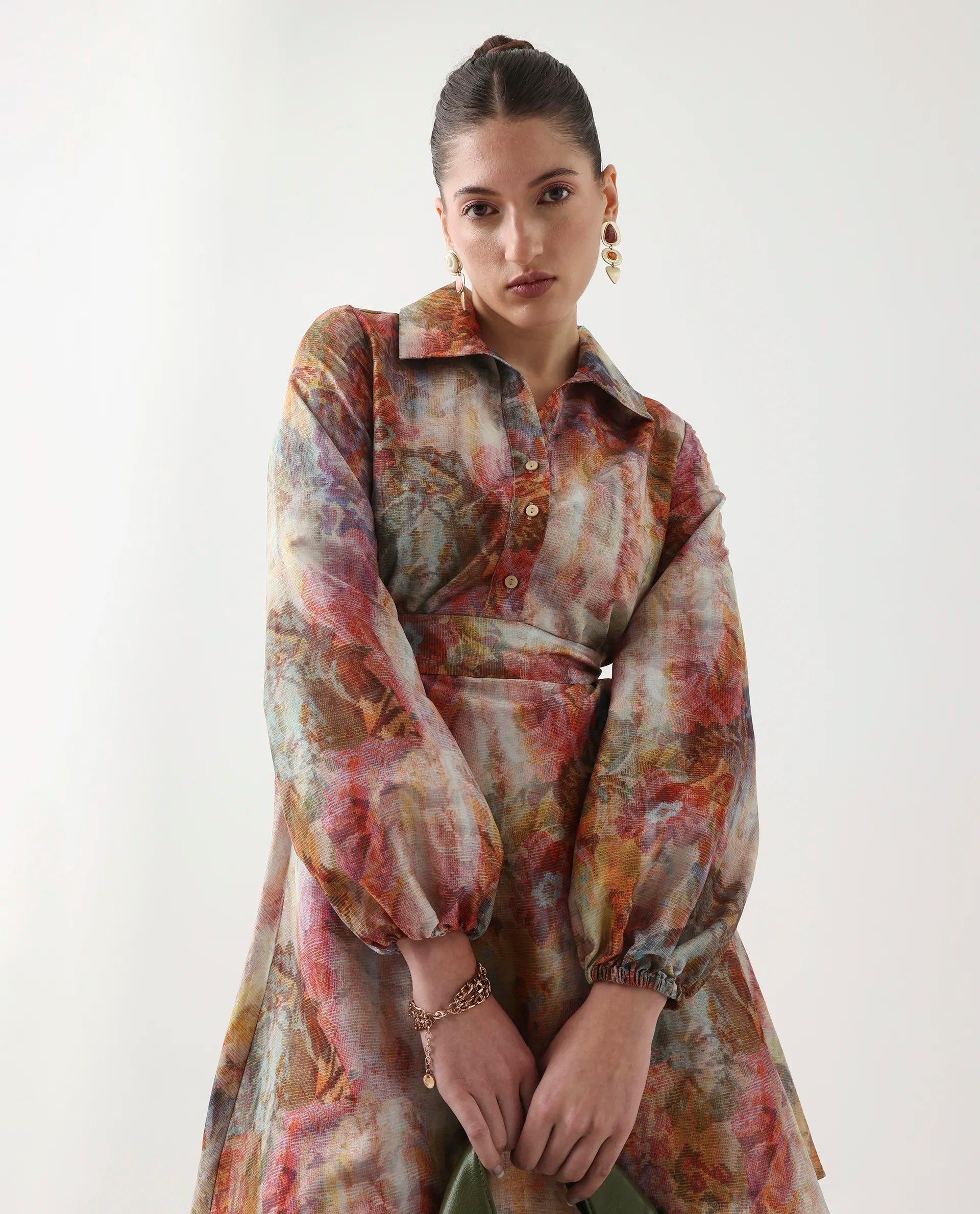 Rareism Women's Elbon Multi Polyester Collared Neck A-Line Printed Dress - Image 4