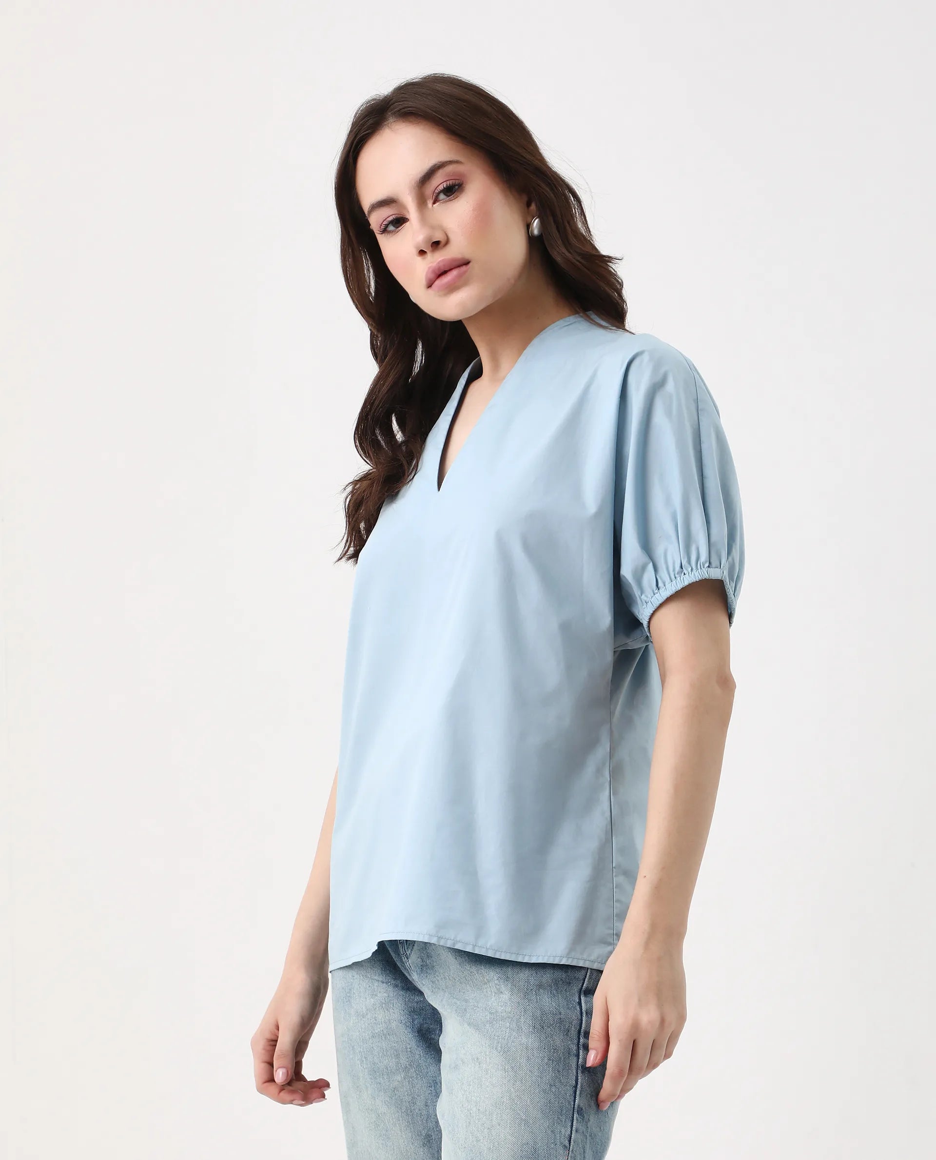 Rareism Women's Eldee Blue Cotton V-Neck Regular Fit Plain Top - Image 3