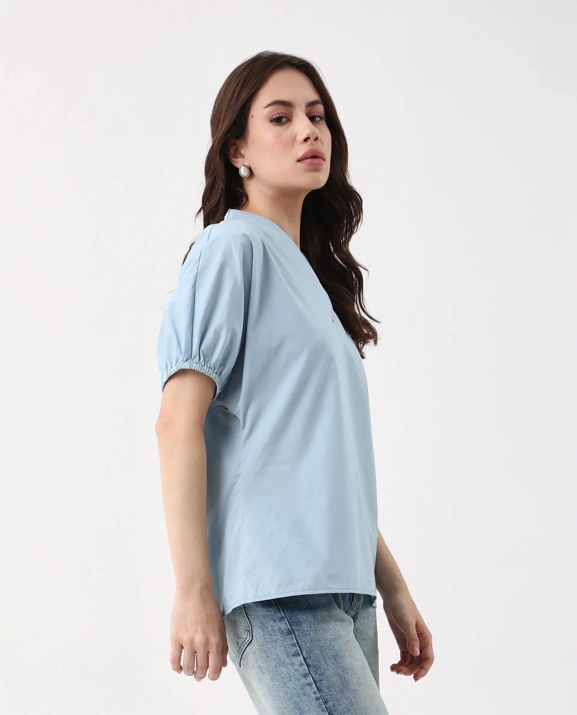Rareism Women's Eldee Blue Cotton V-Neck Regular Fit Plain Top - Image 4
