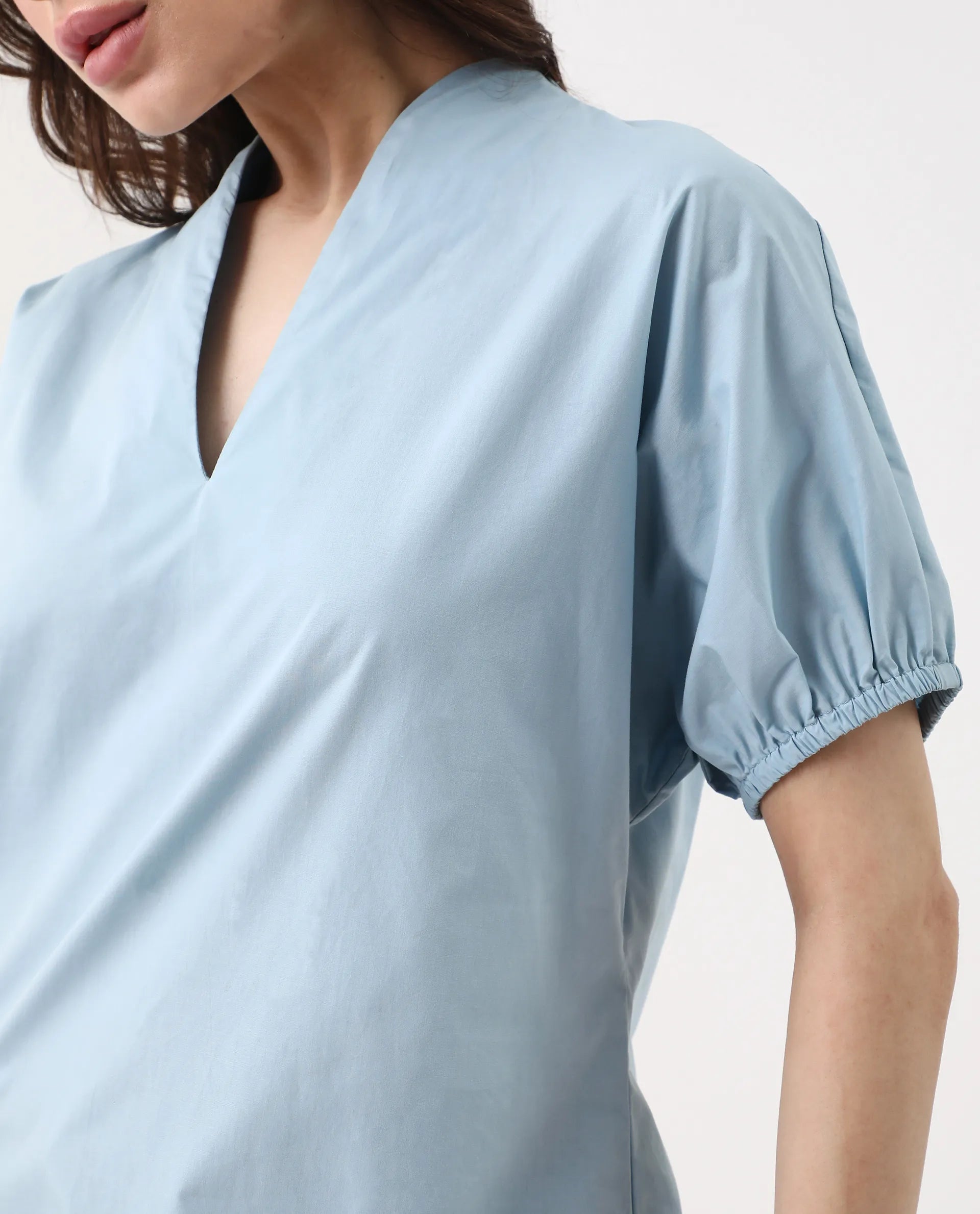 Rareism Women's Eldee Blue Cotton V-Neck Regular Fit Plain Top - Image 2