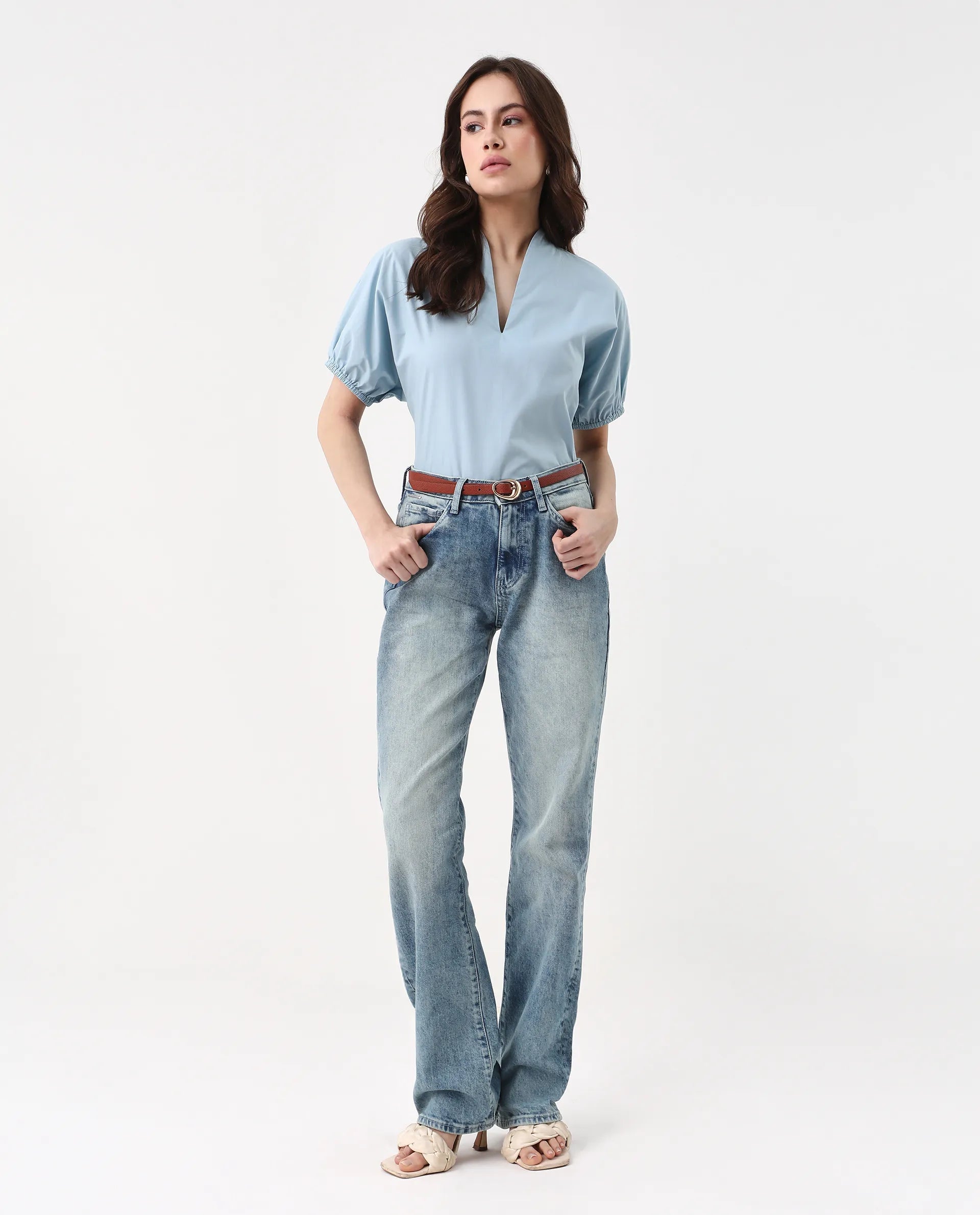 Rareism Women's Eldee Blue Cotton V-Neck Regular Fit Plain Top - Image 6