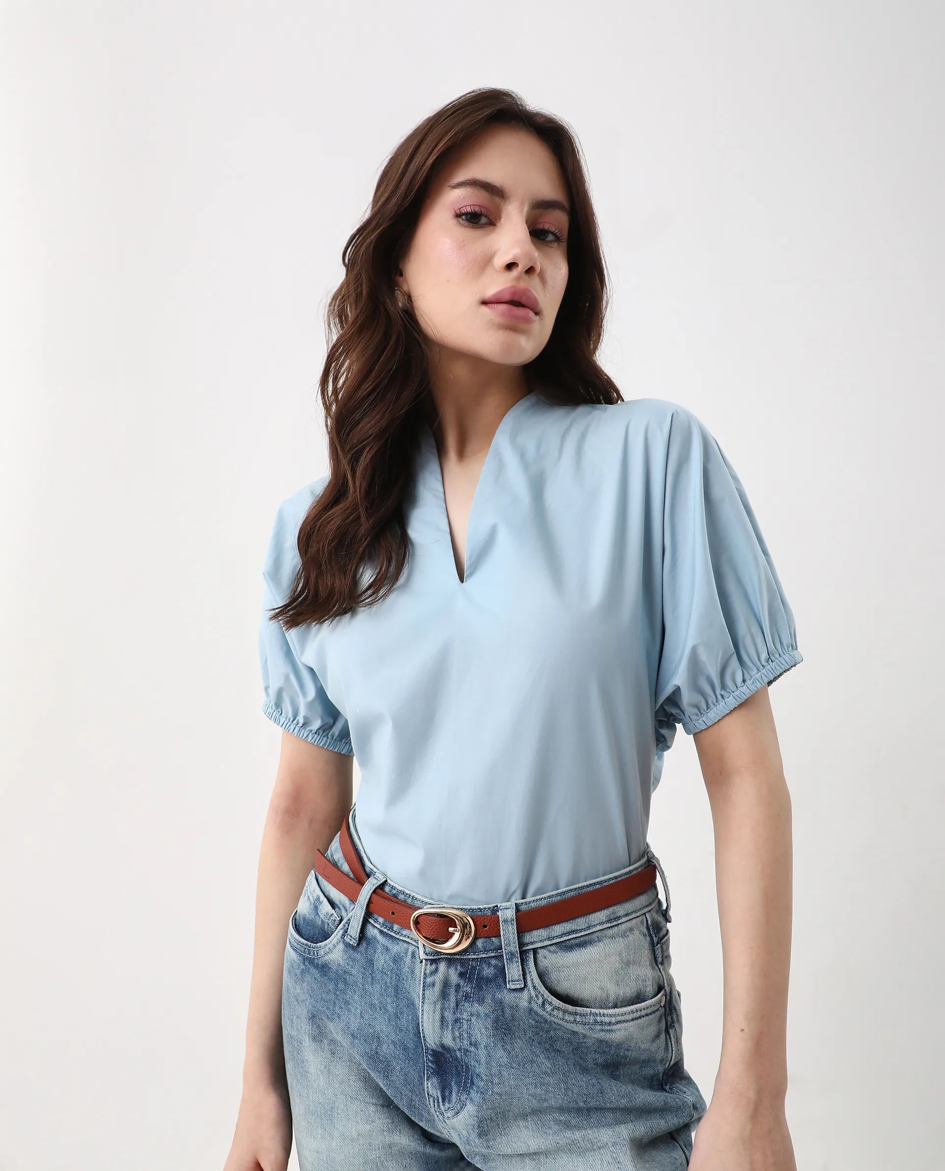 Rareism Women's Eldee Blue Cotton V-Neck Regular Fit Plain Top - Image 5
