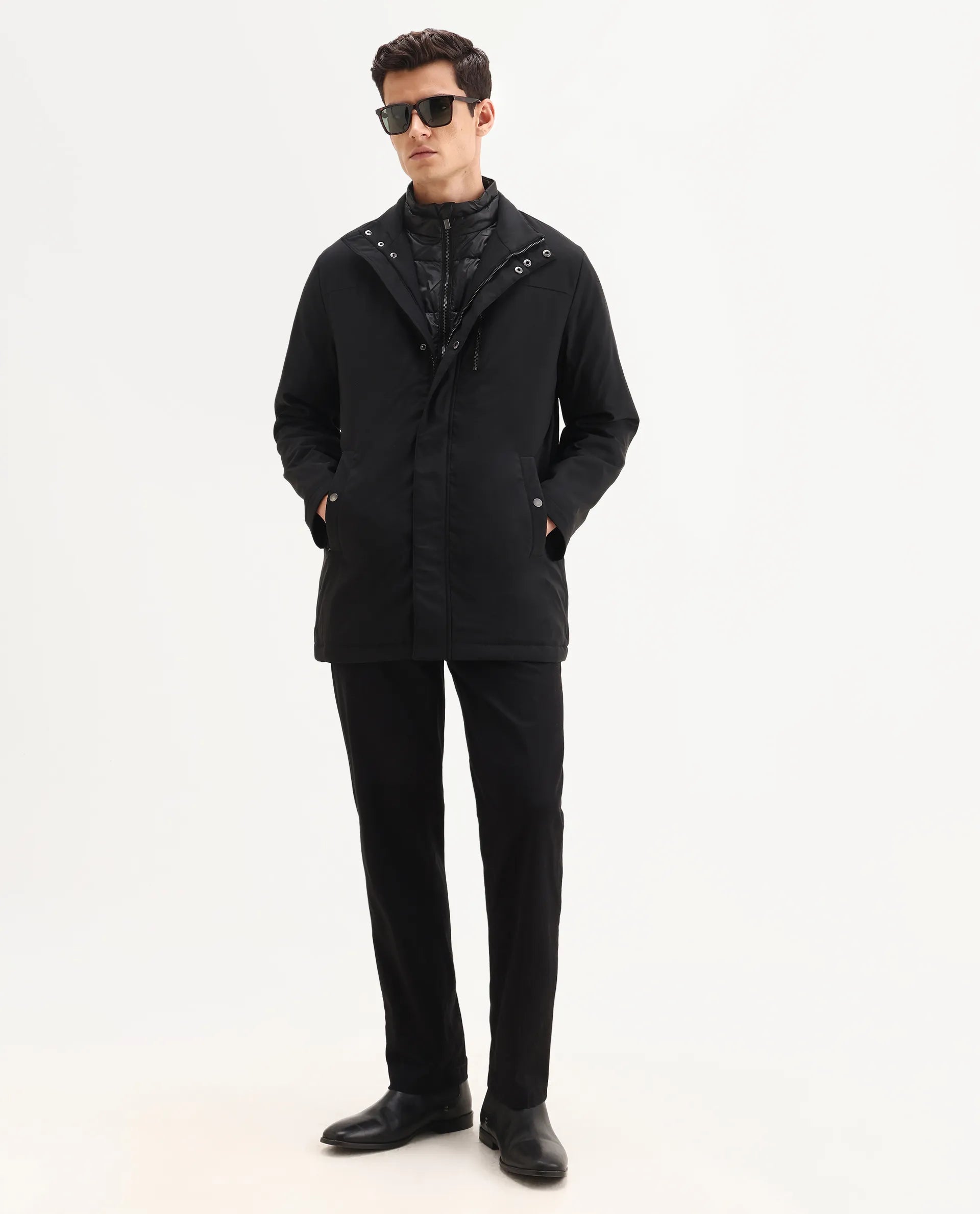 Rare Rabbit Men's Macaw-25 Black Polyester Plain Regular Fit Full Sleeve High Neck Jacket - Image 2