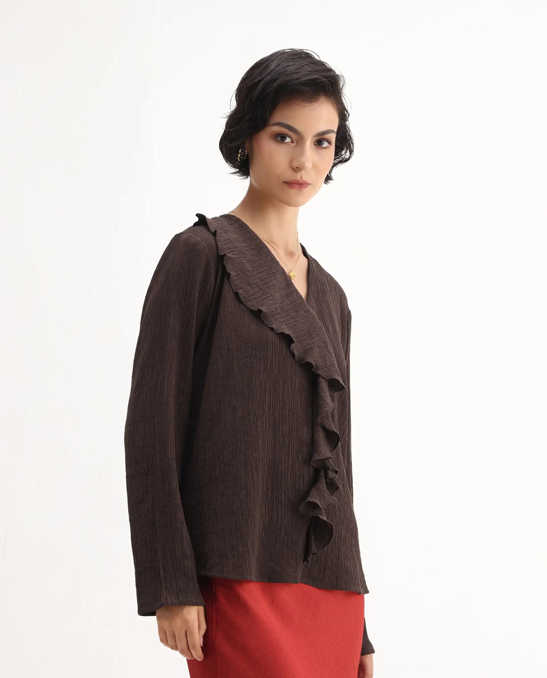 Rareism Women's Nemti-Brown Viscose Ruffled Neck Regular Fit Plain Top - Image 6