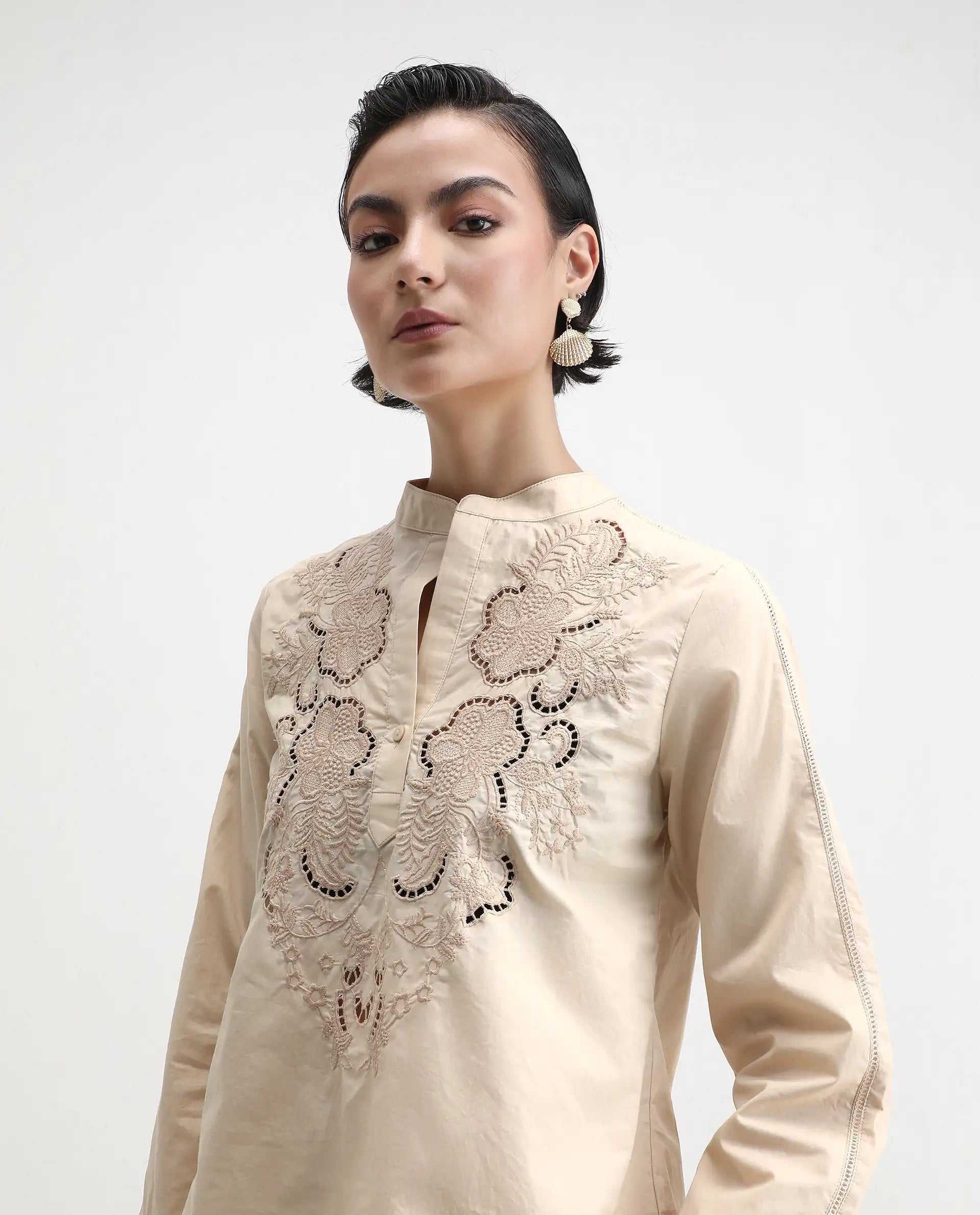 Rareism Women's Nucut-T Beige Cotton Mandarin Collar Regular Fit Top - Image 5