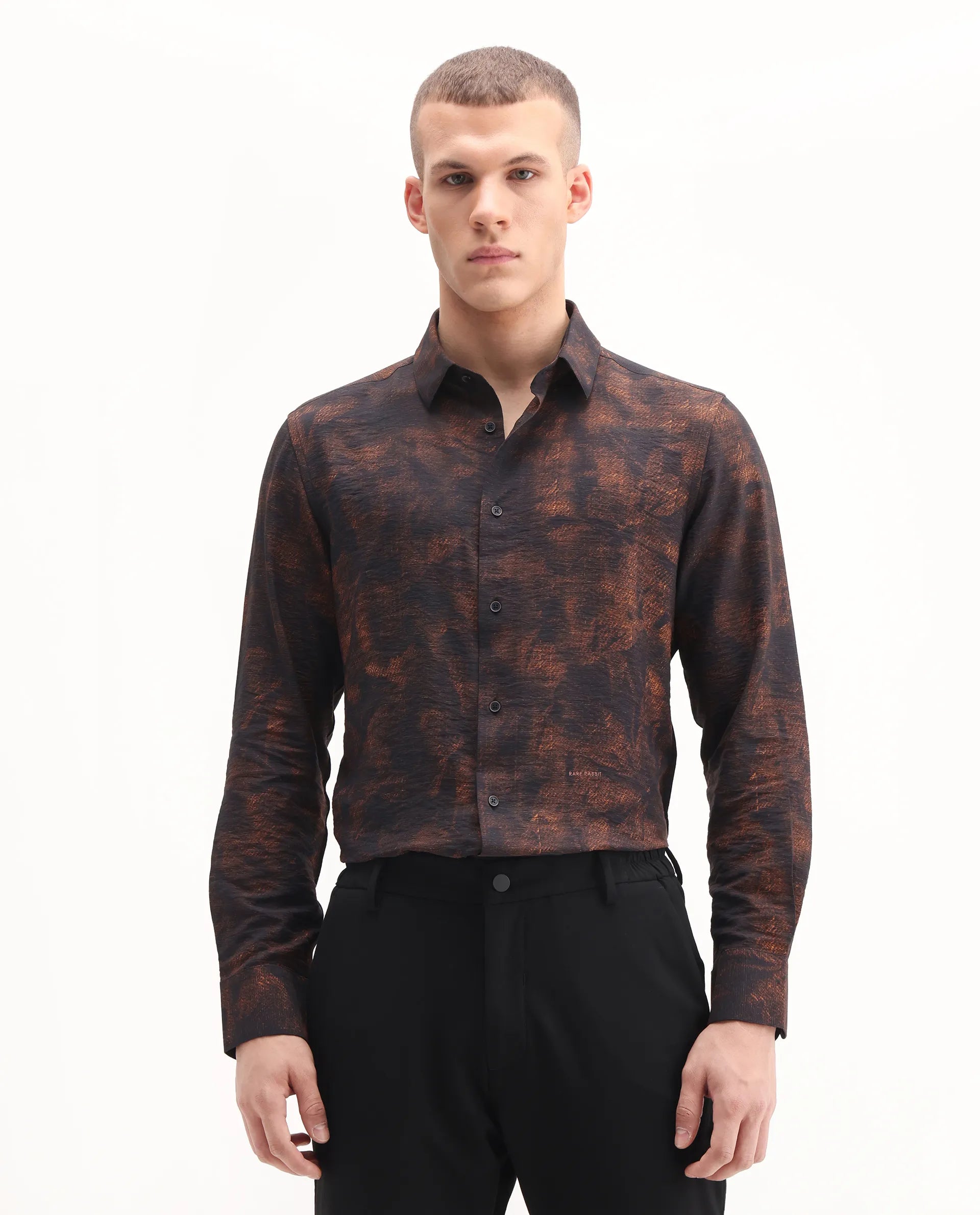 Rare Rabbit Men's Retro Dusky Brown Viscose Blend Abstract Print Regular Fit Full Sleeve Collared Shirt - Image 4
