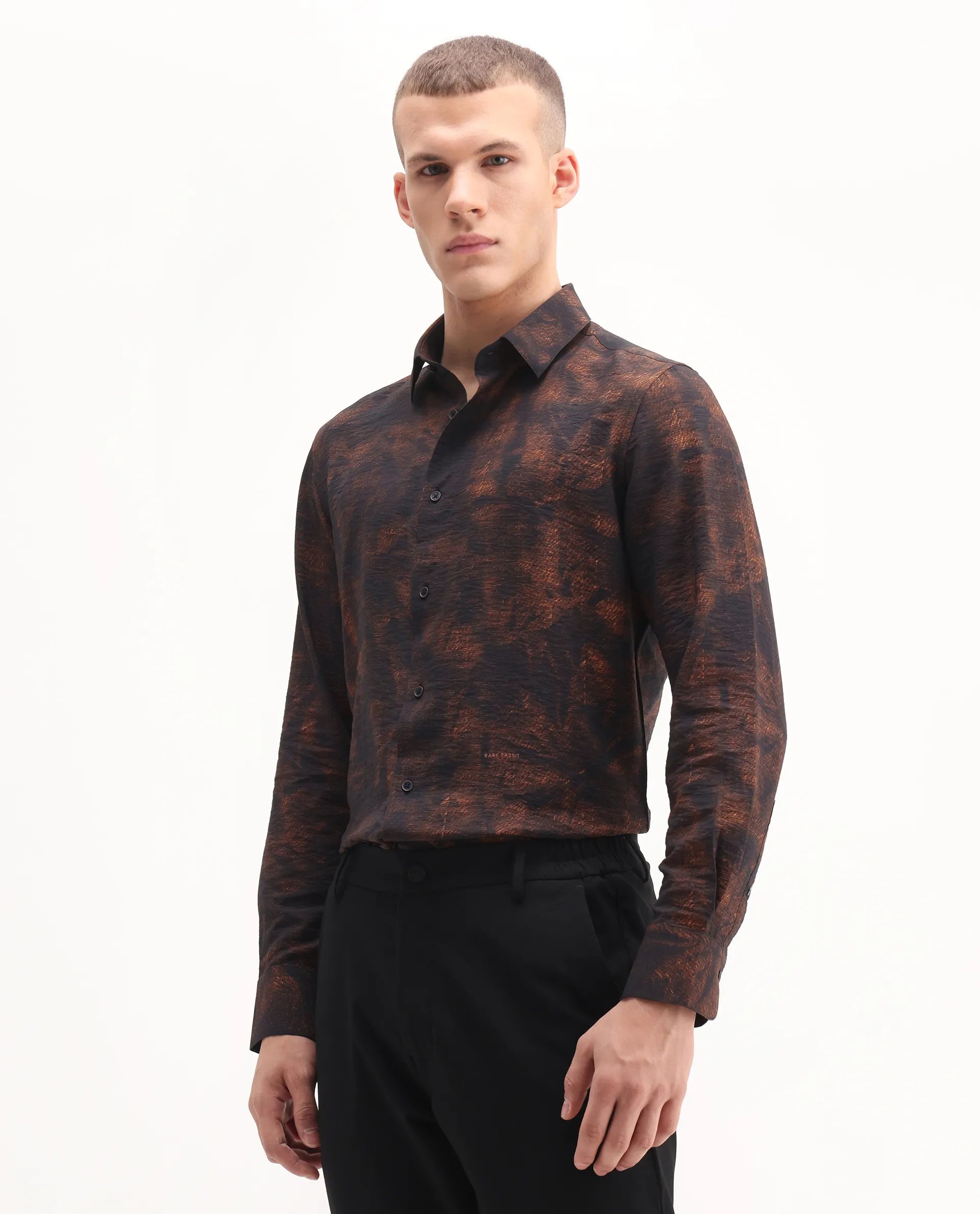 Rare Rabbit Men's Retro Dusky Brown Viscose Blend Abstract Print Regular Fit Full Sleeve Collared Shirt - Image 5
