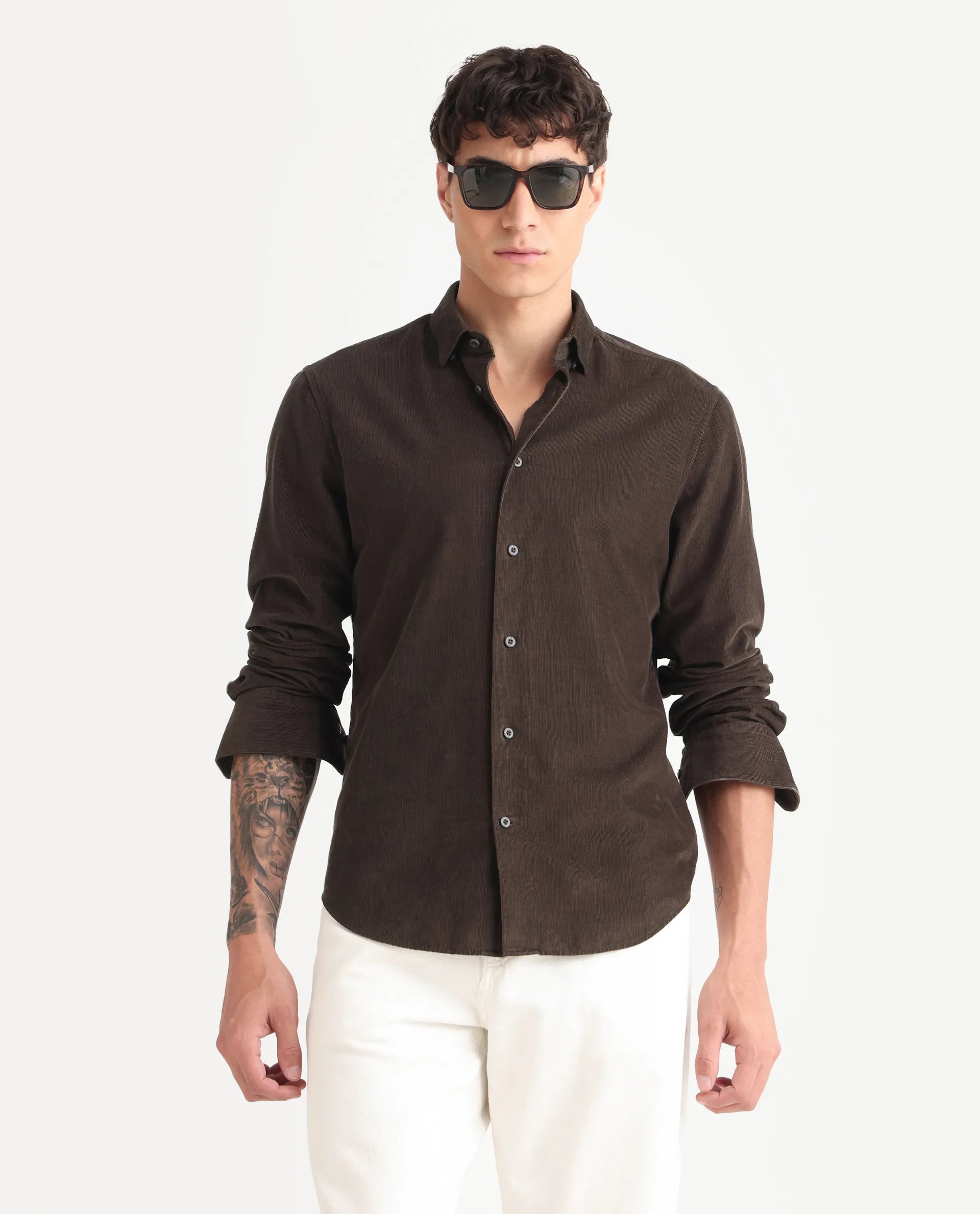 Rare Rabbit Men's Buita Dark Brown Cotton Plain Regular Fit Full Sleeve Collared Shirt - Image 4